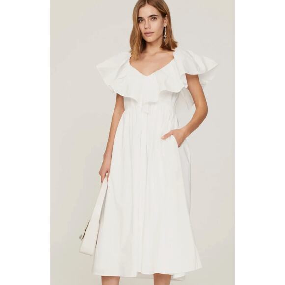 Adam Lippes Collective Cotton V-Neck Midi Length Dress in White Size 10 - Picture 1 of 12